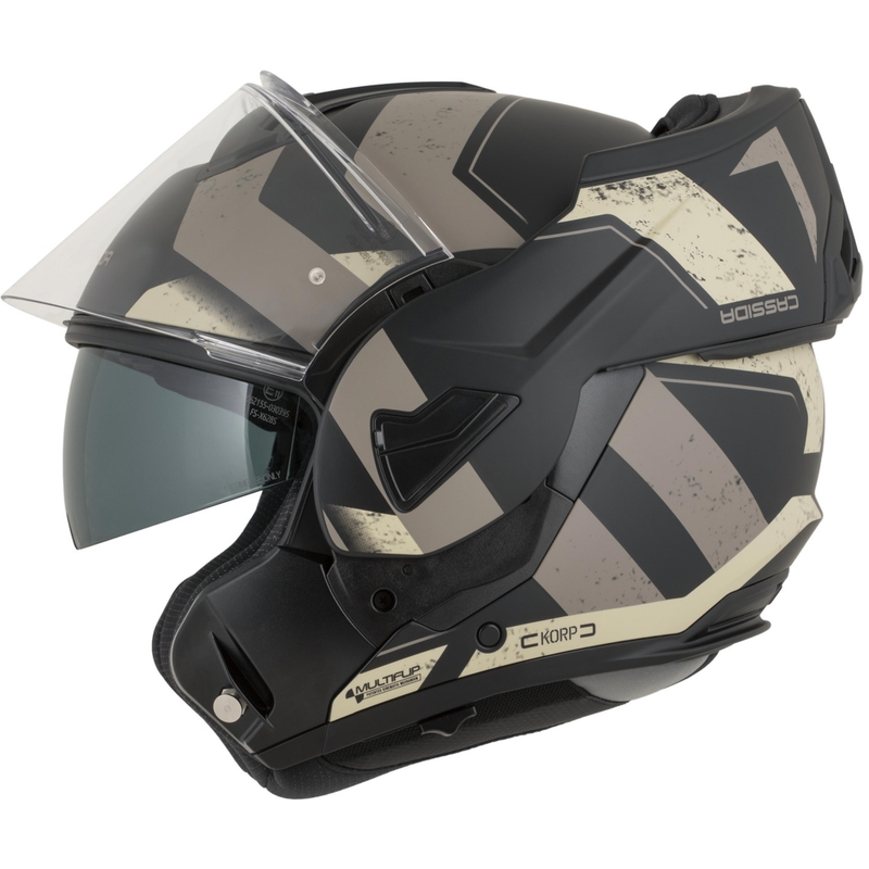 Cassida MultiFlip Korp ülespööratav mootorrattakiiver matt must-liiva-khaki värvi