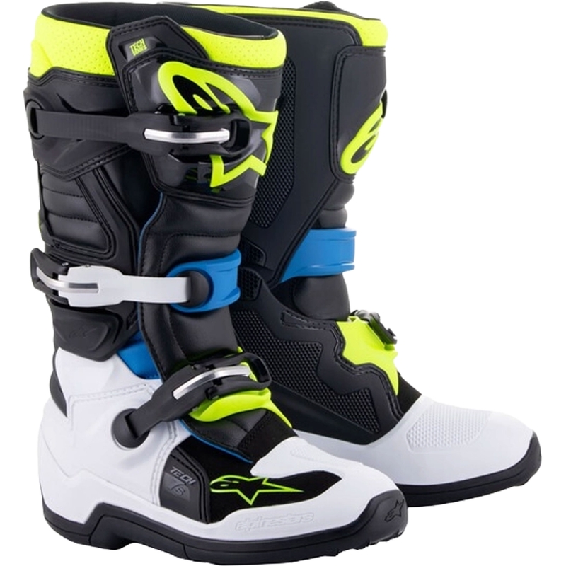 Alpinestars Tech 7 S mustad, valged, kollased ja sinised mootorrattasaapad lastele