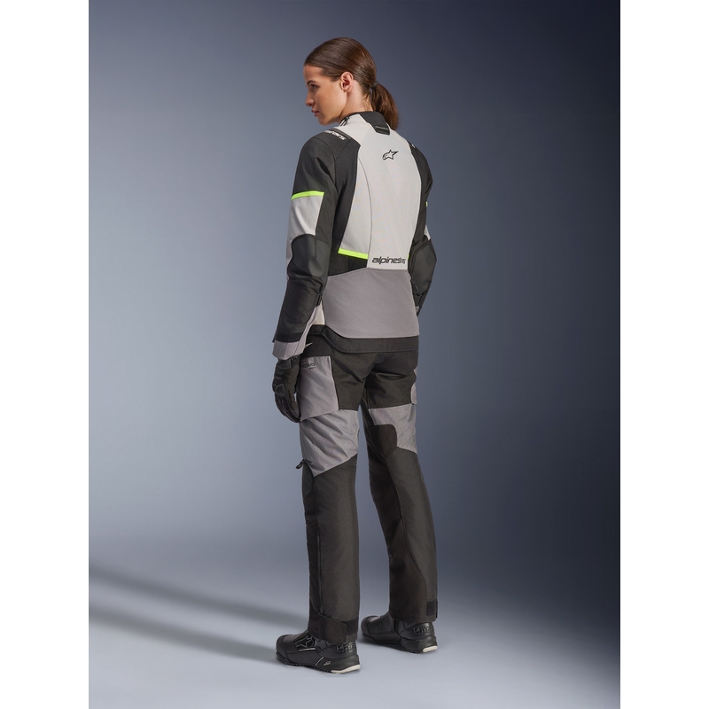 Alpinestars Stella Andes V4 Drystar naiste mootorratta jope tumehall-helehall-must-fluorestseeruv kollane