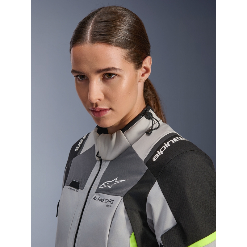 Alpinestars Stella Andes V4 Drystar naiste mootorratta jope tumehall-helehall-must-fluorestseeruv kollane