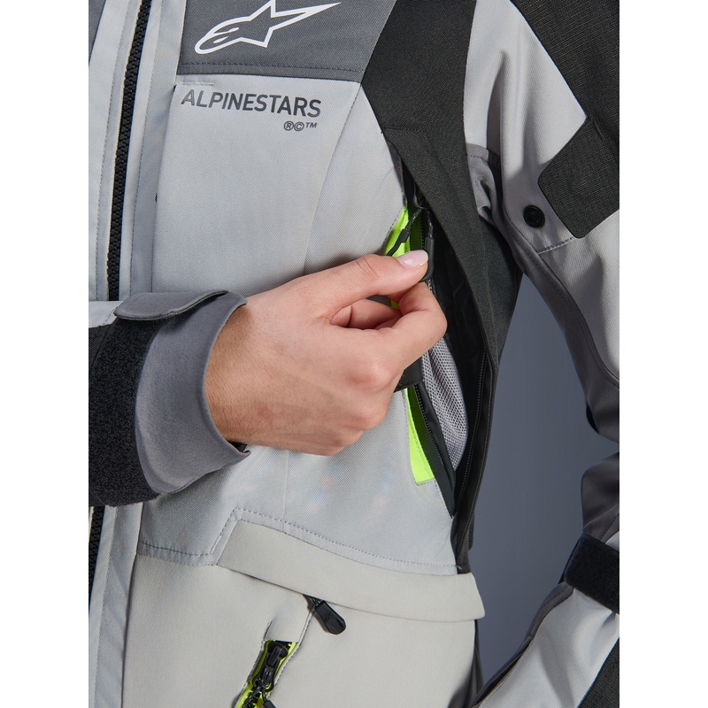 Alpinestars Stella Andes V4 Drystar naiste mootorratta jope tumehall-helehall-must-fluorestseeruv kollane
