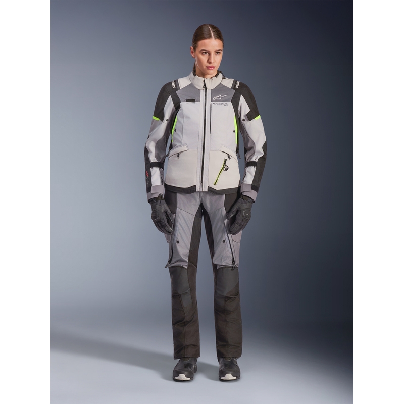 Alpinestars Stella Andes V4 Drystar naiste mootorratta jope tumehall-helehall-must-fluorestseeruv kollane