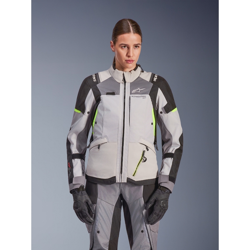 Alpinestars Stella Andes V4 Drystar naiste mootorratta jope tumehall-helehall-must-fluorestseeruv kollane