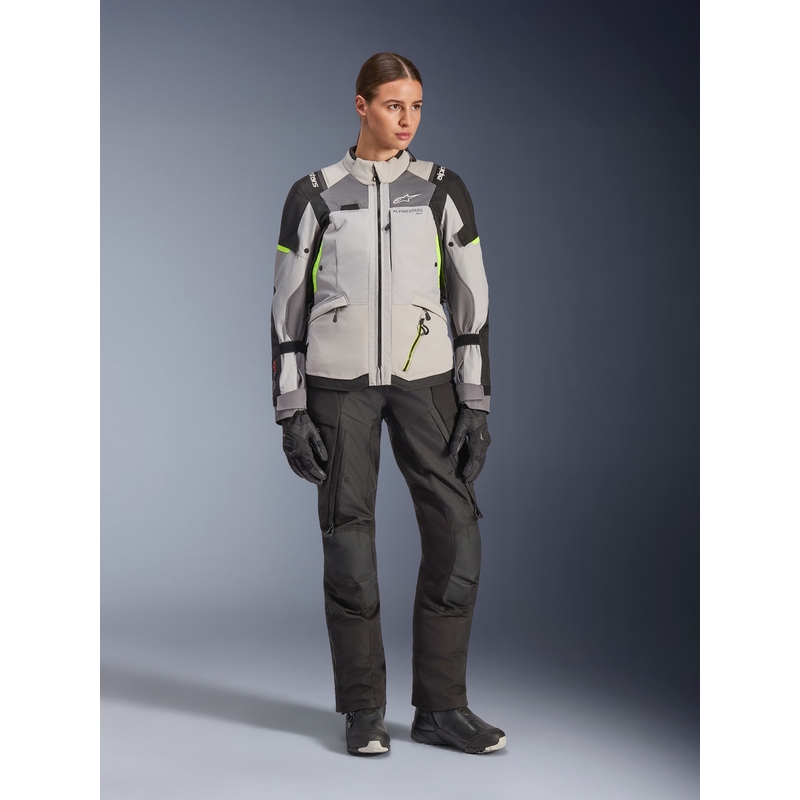 Alpinestars Stella Andes V4 Drystar naiste mootorratta jope tumehall-helehall-must-fluorestseeruv kollane