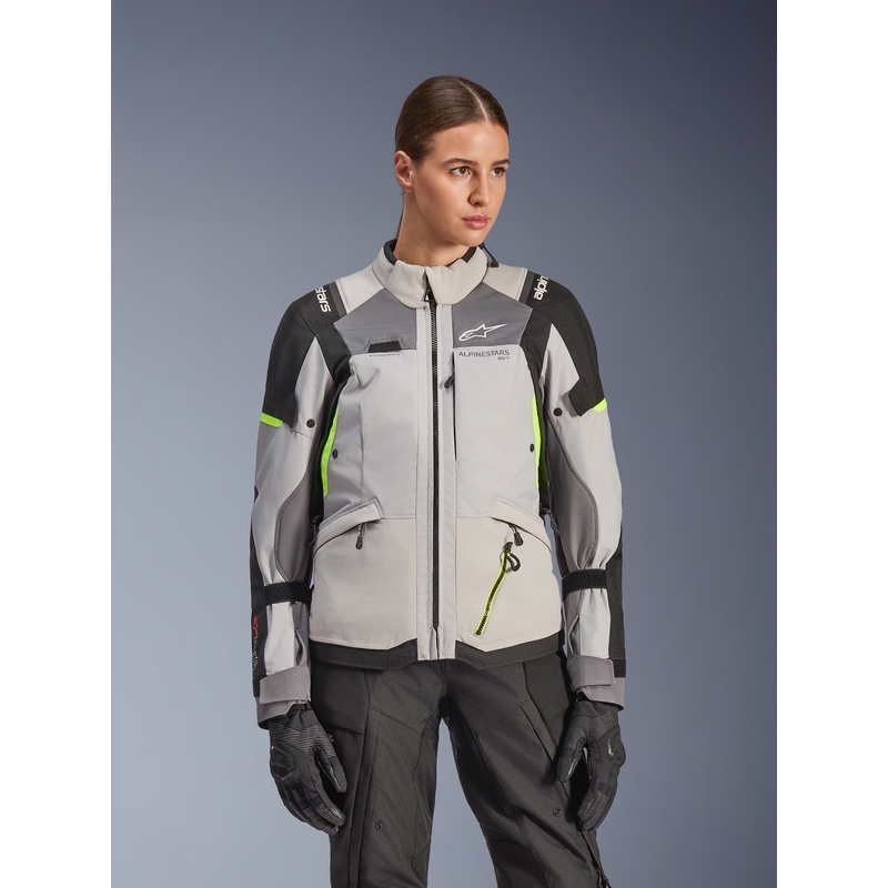 Alpinestars Stella Andes V4 Drystar naiste mootorratta jope tumehall-helehall-must-fluorestseeruv kollane