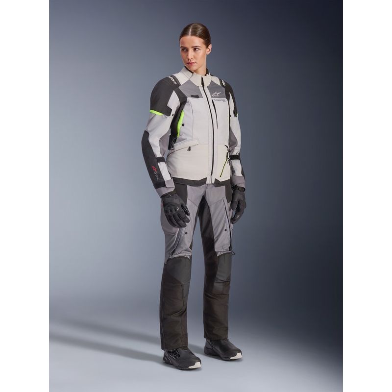 Alpinestars Stella Andes V4 Drystar naiste mootorratta jope tumehall-helehall-must-fluorestseeruv kollane