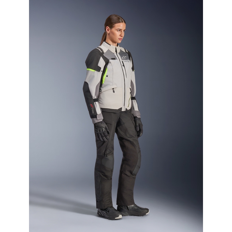Alpinestars Stella Andes V4 Drystar naiste mootorratta jope tumehall-helehall-must-fluorestseeruv kollane