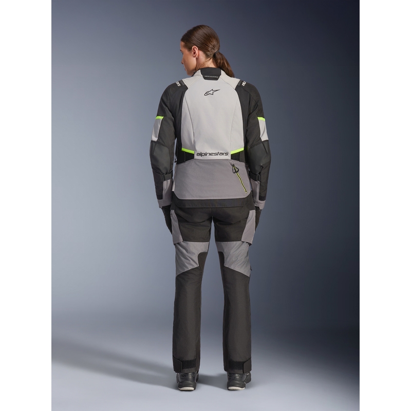 Alpinestars Stella Andes V4 Drystar naiste mootorratta jope tumehall-helehall-must-fluorestseeruv kollane