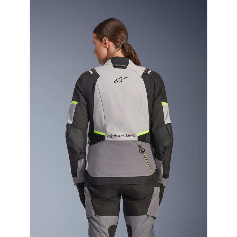 Alpinestars Stella Andes V4 Drystar naiste mootorratta jope tumehall-helehall-must-fluorestseeruv kollane