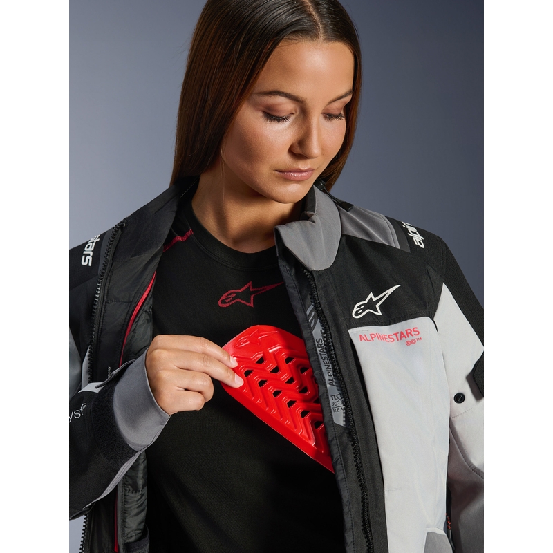 Alpinestars Stella Andes V4 Drystar naiste mootorratta jope tumehall-helehall-must-punane