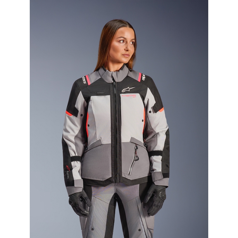 Alpinestars Stella Andes V4 Drystar naiste mootorratta jope tumehall-helehall-must-punane
