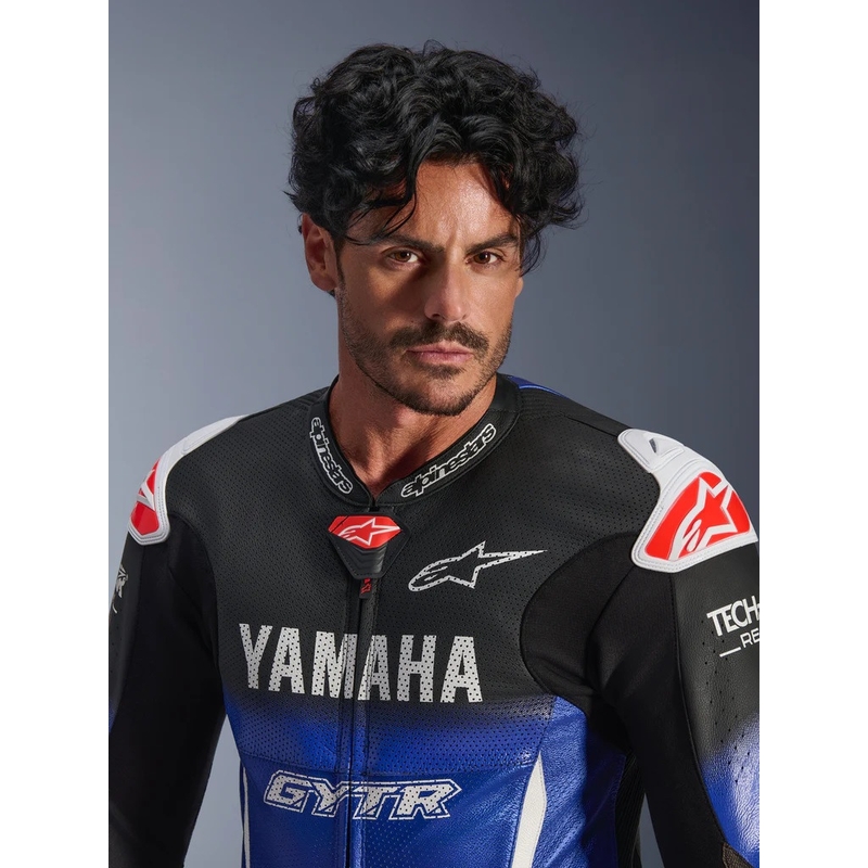 Nahkne mootorrattaülikond Alpinestars GP-R7 YAMAHA GYTR TECH-AIR kollektsioonile, ühildub sini-must-valge-punase värvidega