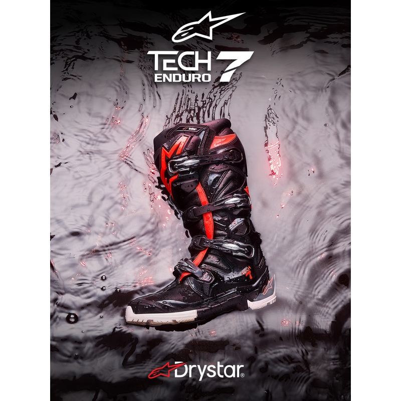 Alpinestars TECH 7 Enduro Drystar mootorrattasaapad must-fluorestseeriv punane-valge
