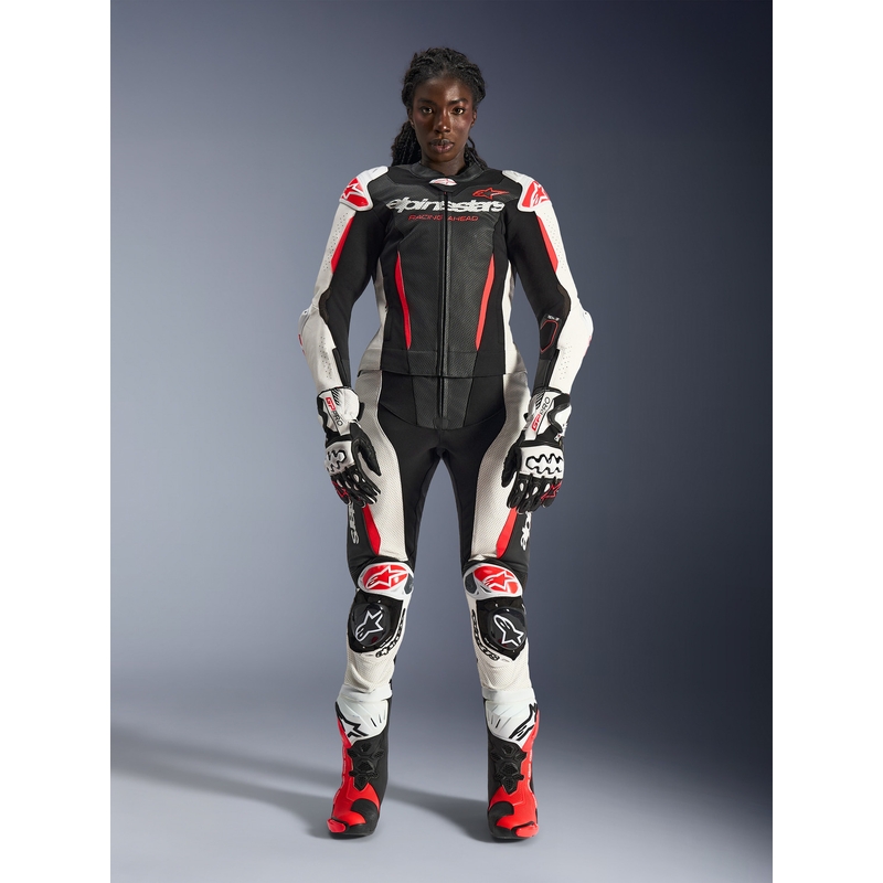 Naiste kaheosaline nahkne mootorrattaülikond Alpinestars Stella GP-R7 must-valge-fluopunane