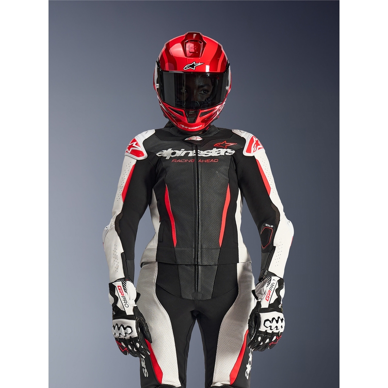 Naiste kaheosaline nahkne mootorrattaülikond Alpinestars Stella GP-R7 must-valge-fluopunane