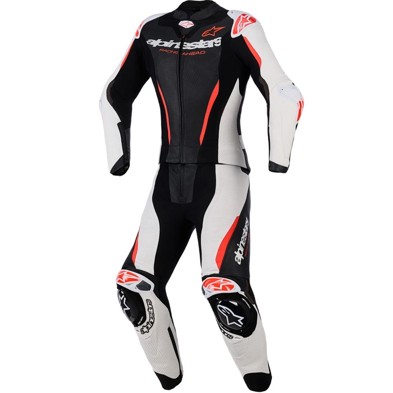 Naiste kaheosaline nahkne mootorrattaülikond Alpinestars Stella GP-R7 must-valge-fluopunane