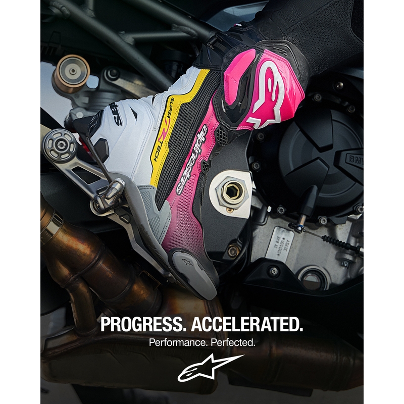 Alpinestars Supertech R mootorrattasaapad must-valge-roosa-kollane