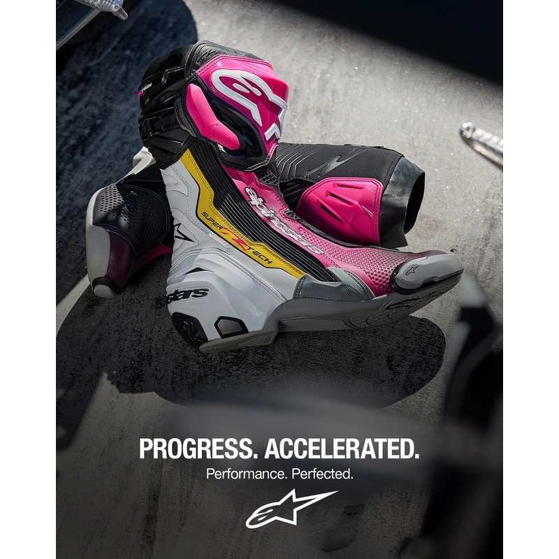 Alpinestars Supertech R mootorrattasaapad must-valge-roosa-kollane