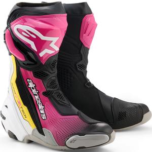 Alpinestars Supertech R mootorrattasaapad must-valge-roosa-kollane