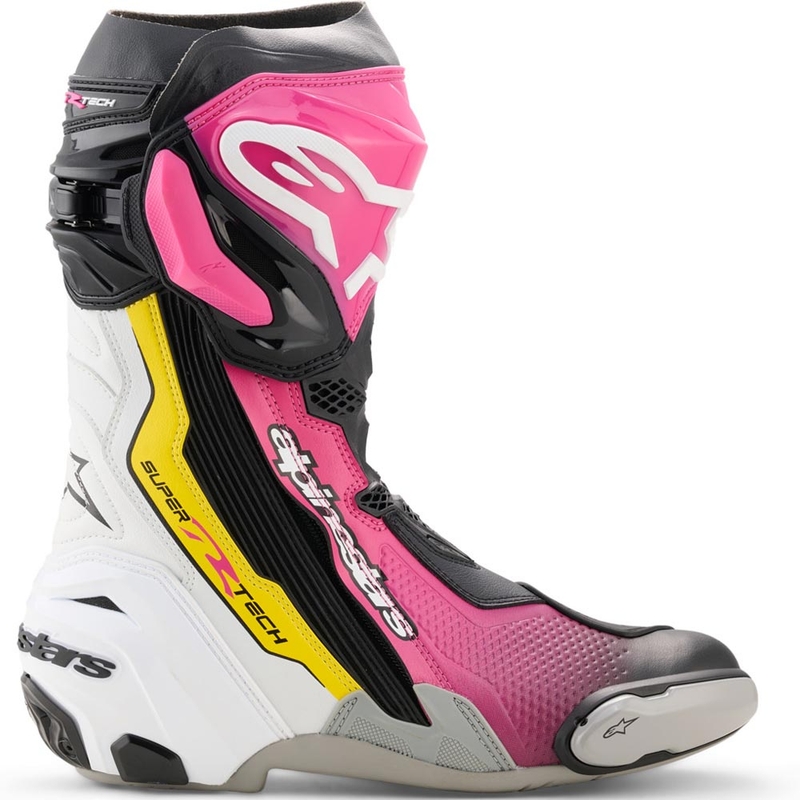 Alpinestars Supertech R mootorrattasaapad must-valge-roosa-kollane