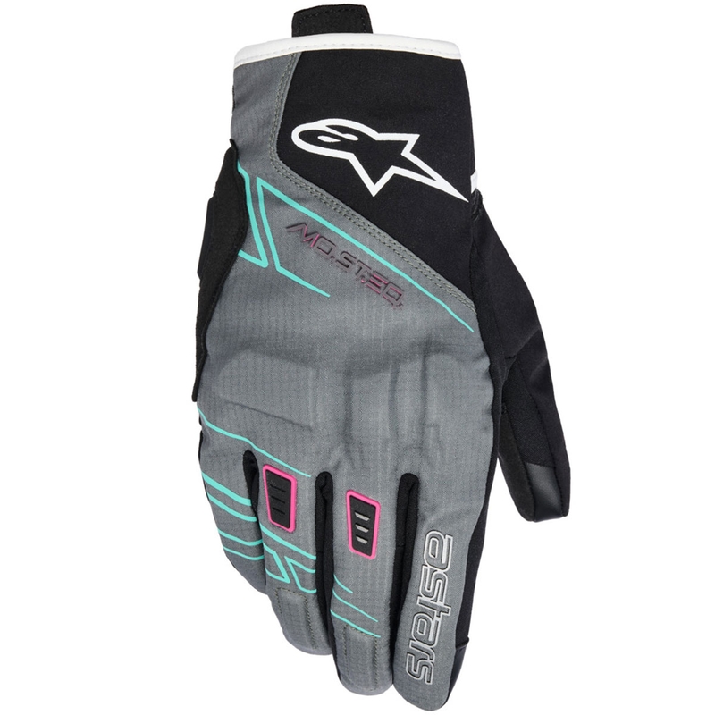 Naiste mootorrattakindad Alpinestars STELLA MOBLAST veekindlad hall-must-fluorestseeriv roosa-türkiissinine-valge