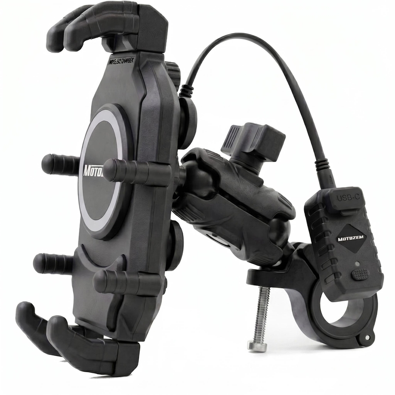MotoZem Claw PRO vibratsioonivastane hoidik juhtmevaba laadija ja USB-C pesaga, must