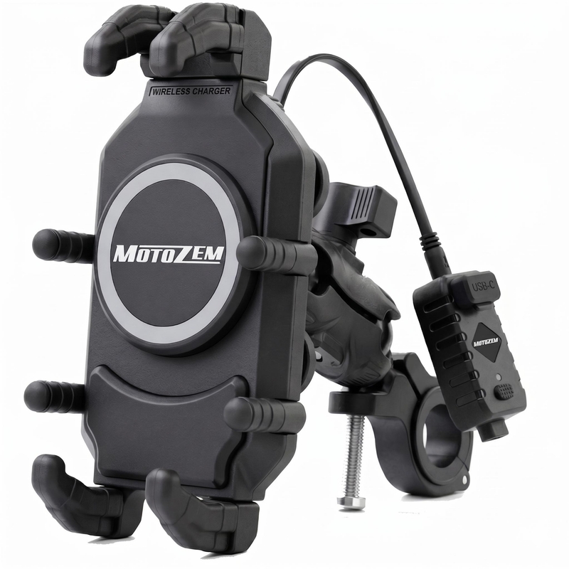 MotoZem Claw PRO vibratsioonivastane hoidik juhtmevaba laadija ja USB-C pesaga, must