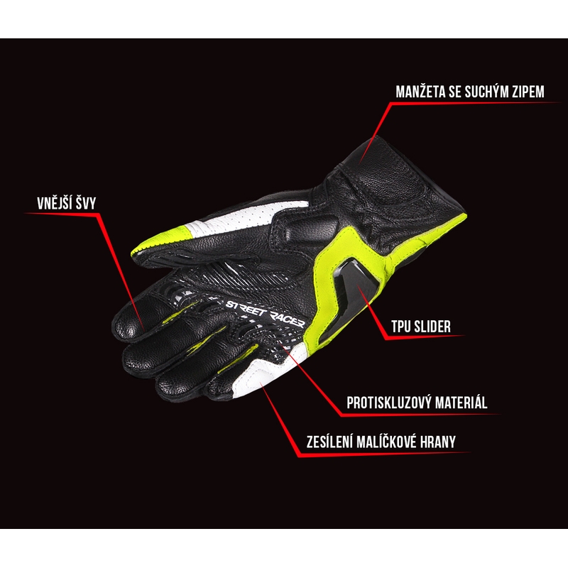 Rukavice na motorku Street Racer XTR černo-bílo-fluo žluté výprodej