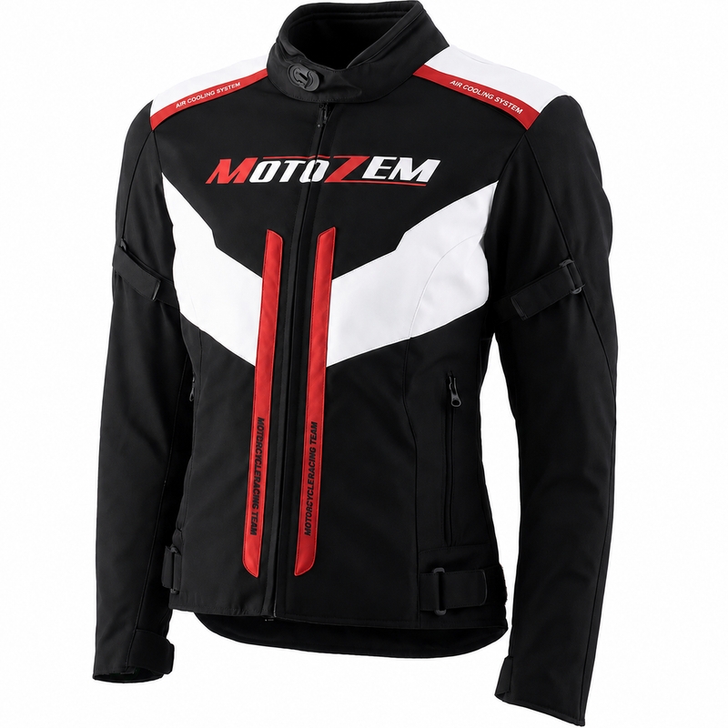 Naiste mootorrattajakk Motozem Team 2 must-valge