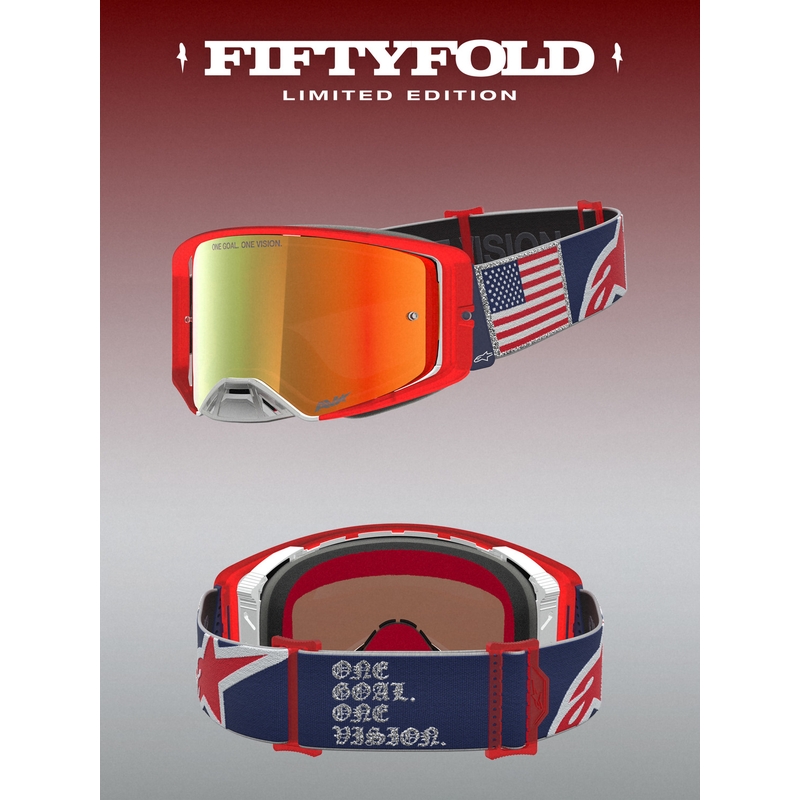 Alpinestars Supertech Fiftyfold motokrossiprillid sini-puna-valged peegliga punase pleksiklaasiga