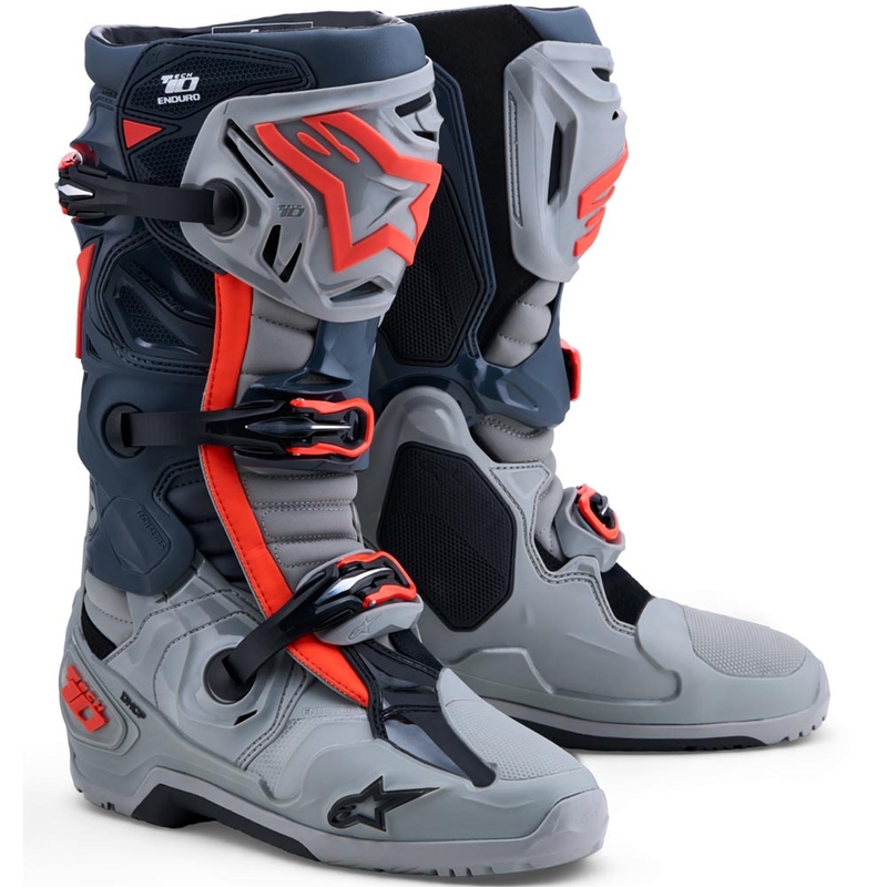 Alpinestars Tech 10 Enduro mootorratta saapad hallid-tumehallid-fluorestseeruvad punased