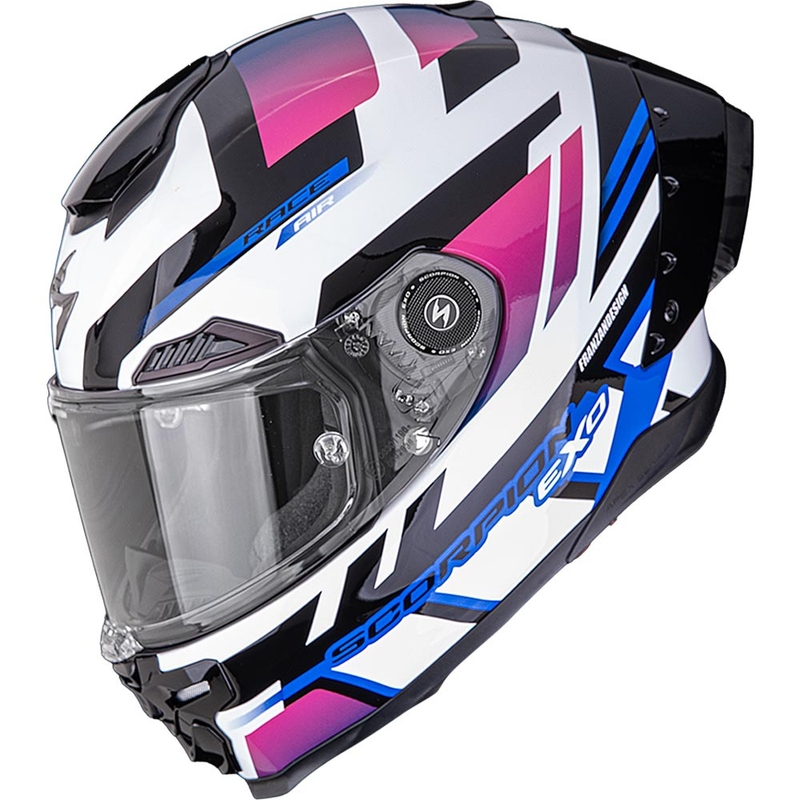 Scorpion EXO-RACE Air Carbon Fury täisnäoga mootorrattakiiver valge-roosa-sinine