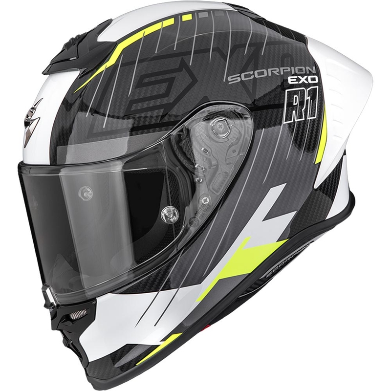 Scorpion EXO-R1 EVO II Air Surge täisnäoga mootorrattakiiver must-valge-fluokollane